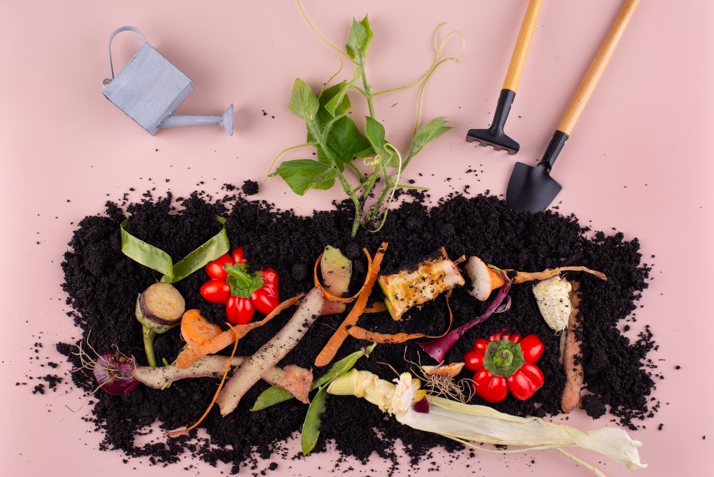 de la terre, du compost et des outils de jardinage sur un sol rose